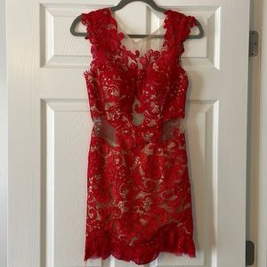 MacDuggal Red Lace Illusion Cocktail Dress